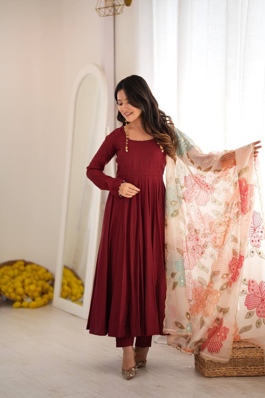 Pure Roman Silk 16-Kali Flared Anarkali Set with Position Print Organza Dupatta