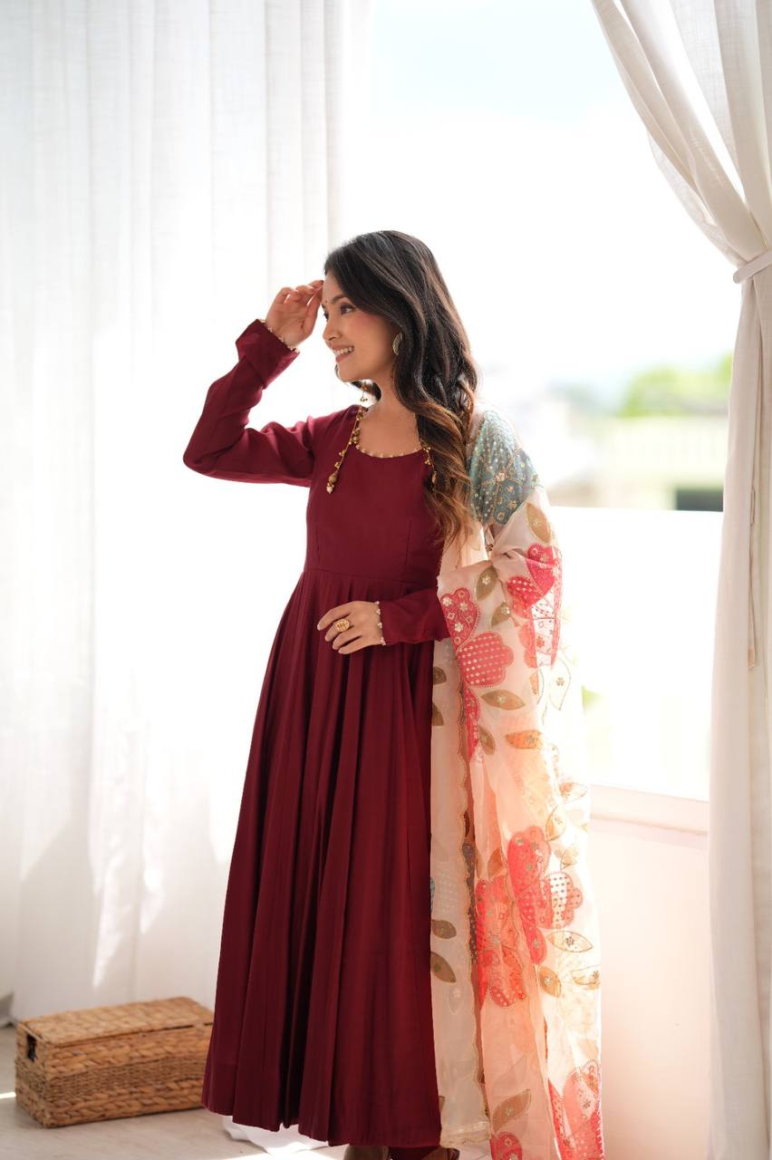 Pure Roman Silk 16-Kali Flared Anarkali Set with Position Print Organza Dupatta