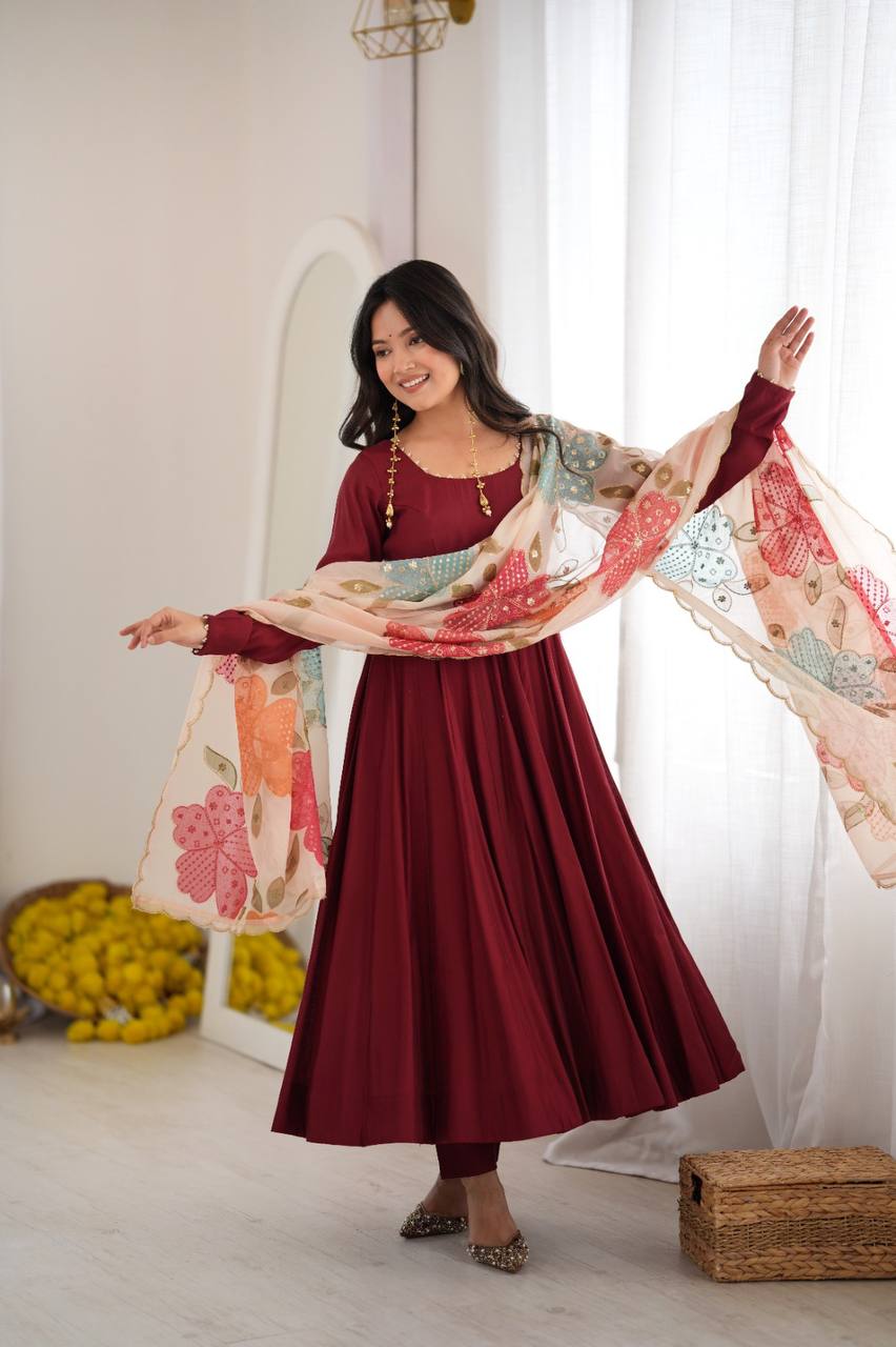 Pure Roman Silk 16-Kali Flared Anarkali Set with Position Print Organza Dupatta