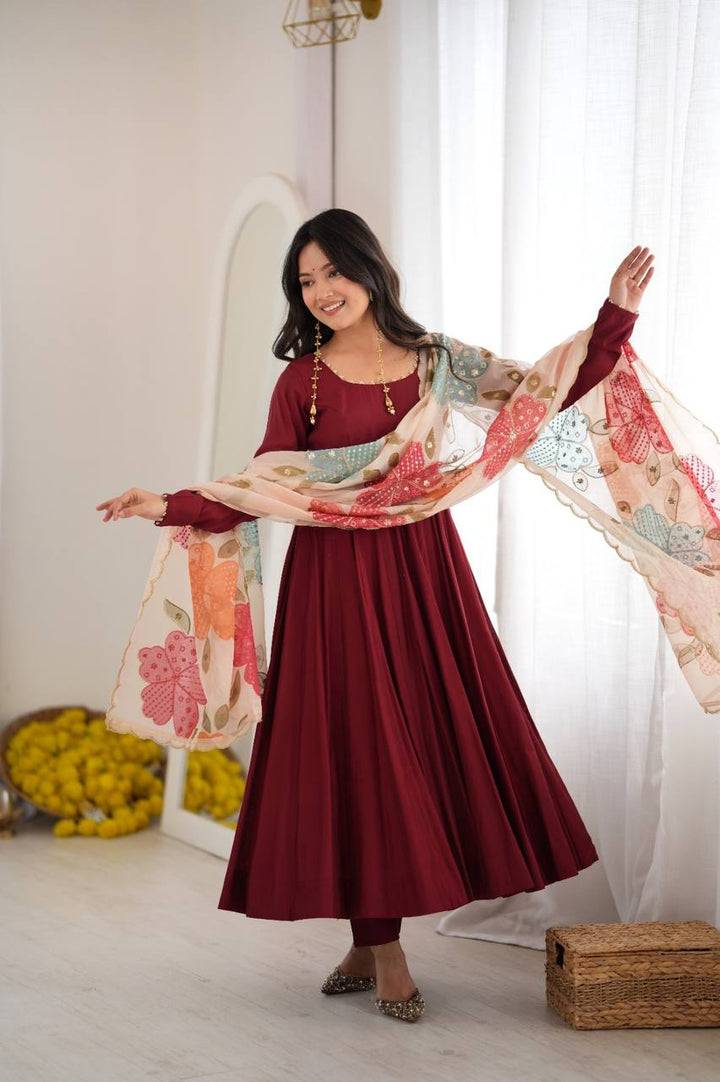 Pure Roman Silk 16-Kali Flared Anarkali Set with Position Print Organza Dupatta