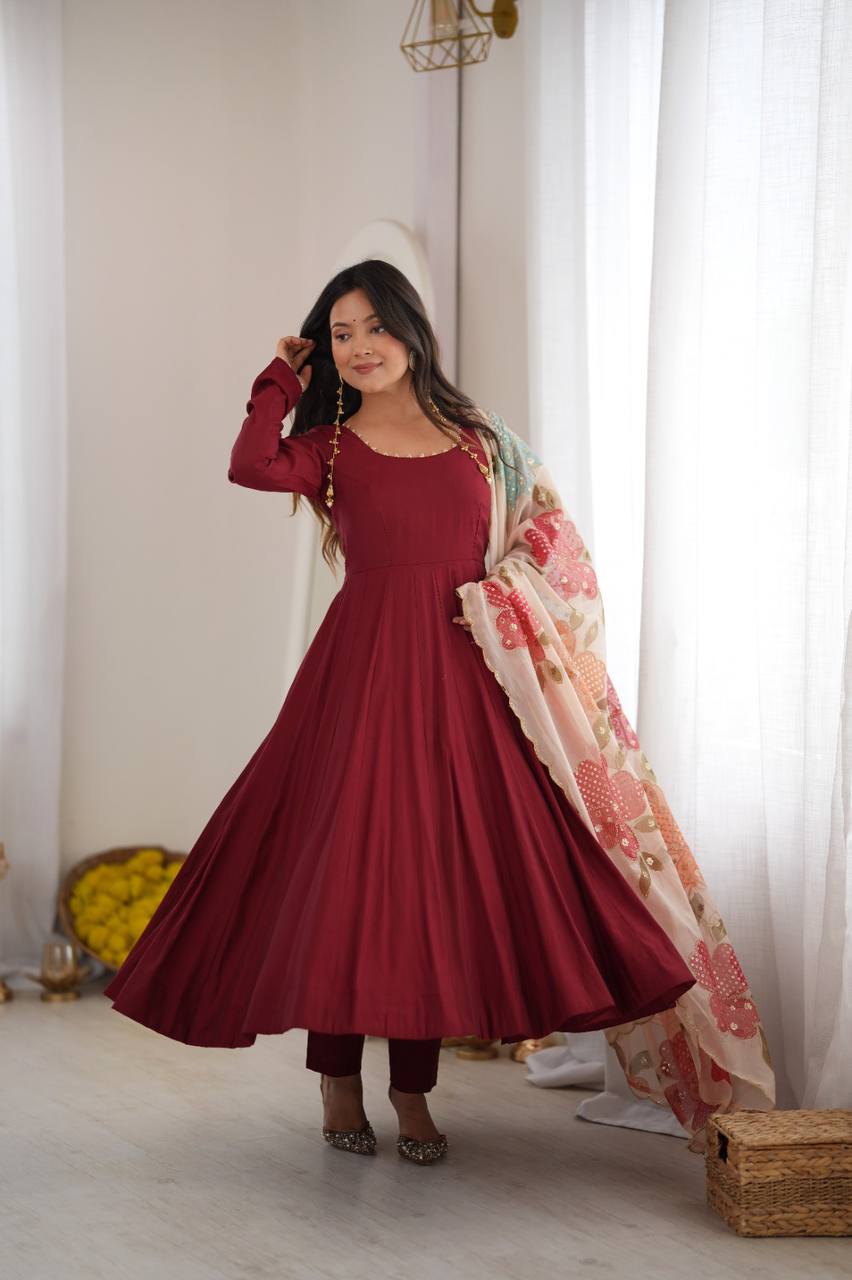 Pure Roman Silk 16-Kali Flared Anarkali Set with Position Print Organza Dupatta