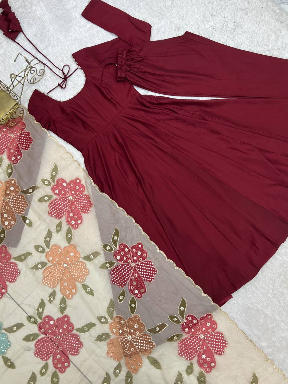 Pure Roman Silk 16-Kali Flared Anarkali Set with Position Print Organza Dupatta
