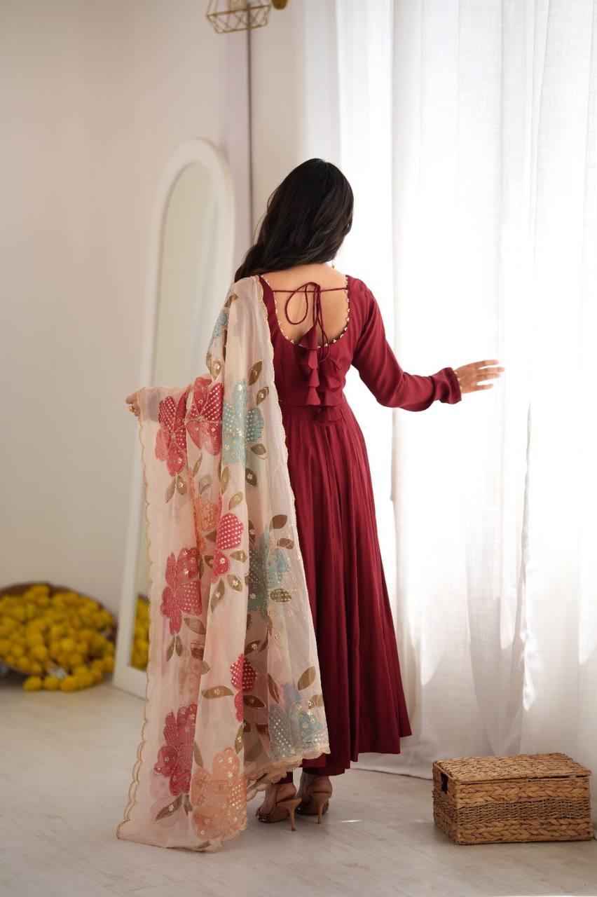 Pure Roman Silk 16-Kali Flared Anarkali Set with Position Print Organza Dupatta