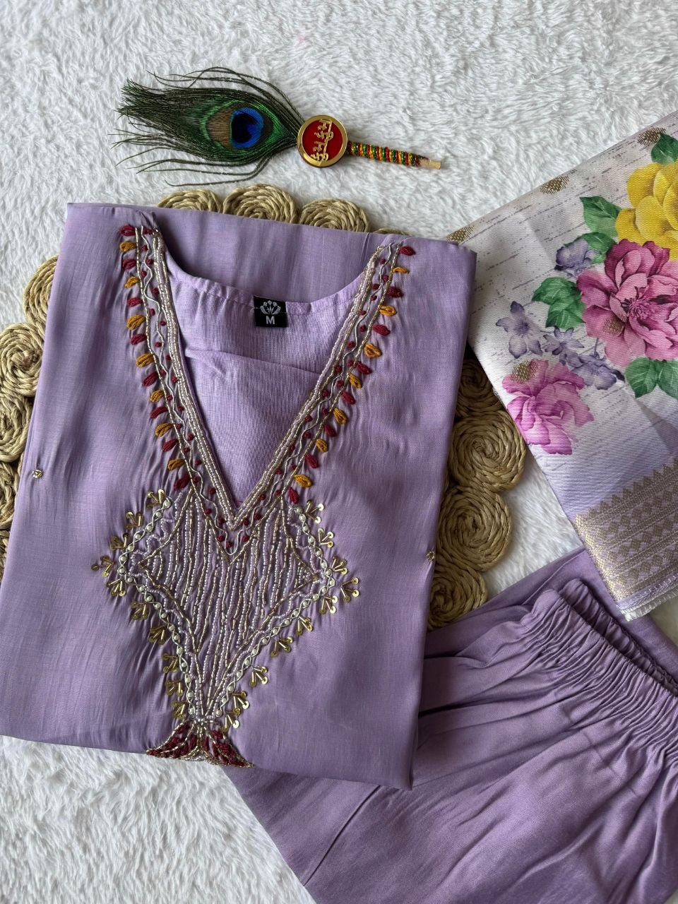 Premium Mul Chanderi Kurti With Duppata And Pant Set