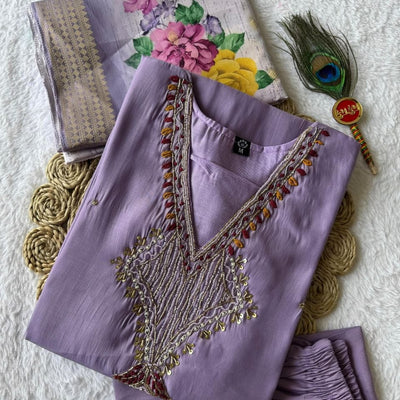 Premium Mul Chanderi Kurti With Duppata And Pant Set