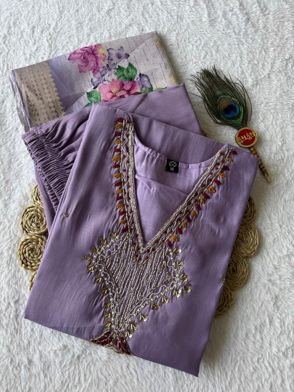 Premium Mul Chanderi Kurti With Duppata And Pant Set