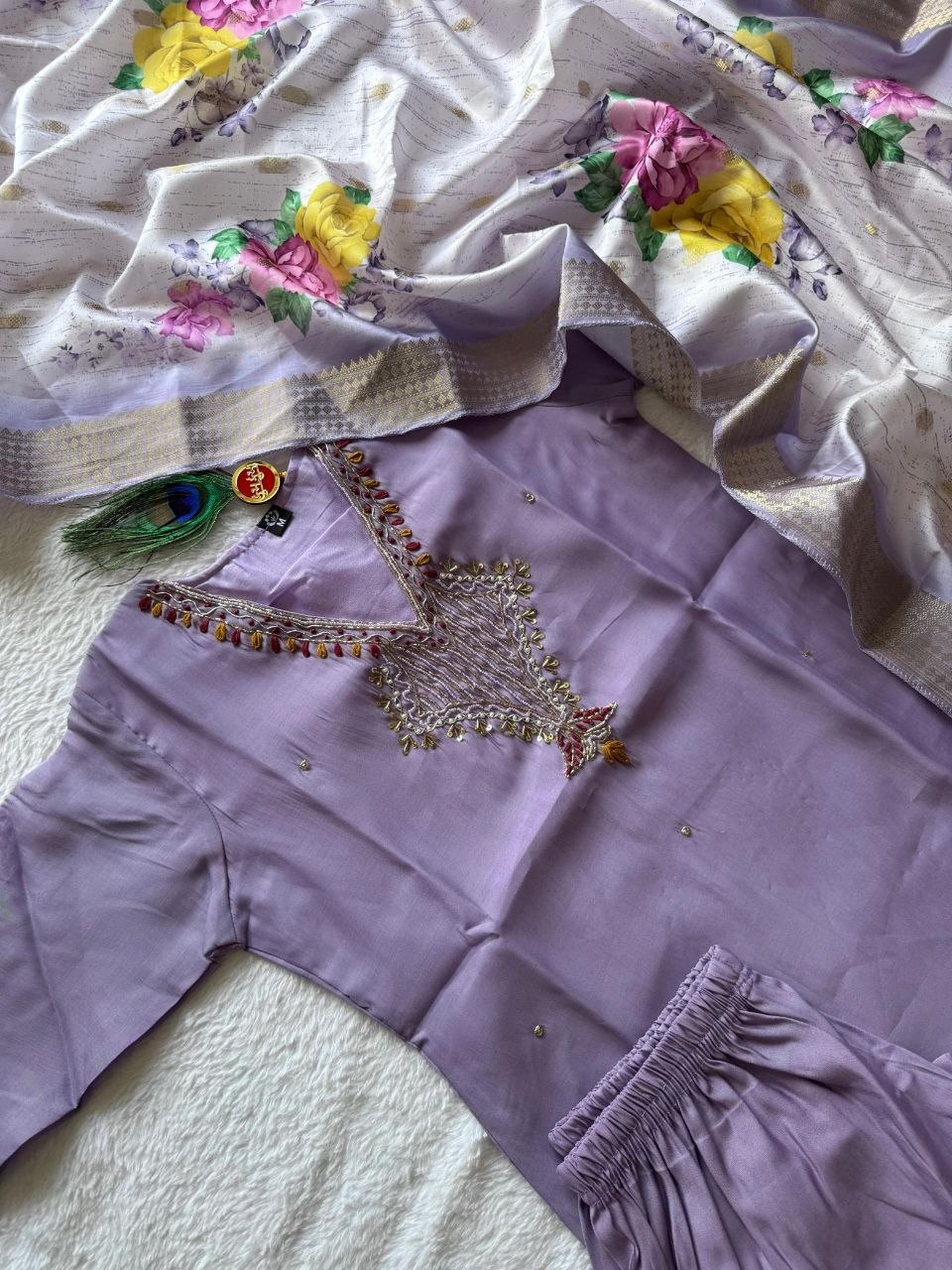 Premium Mul Chanderi Kurti With Duppata And Pant Set
