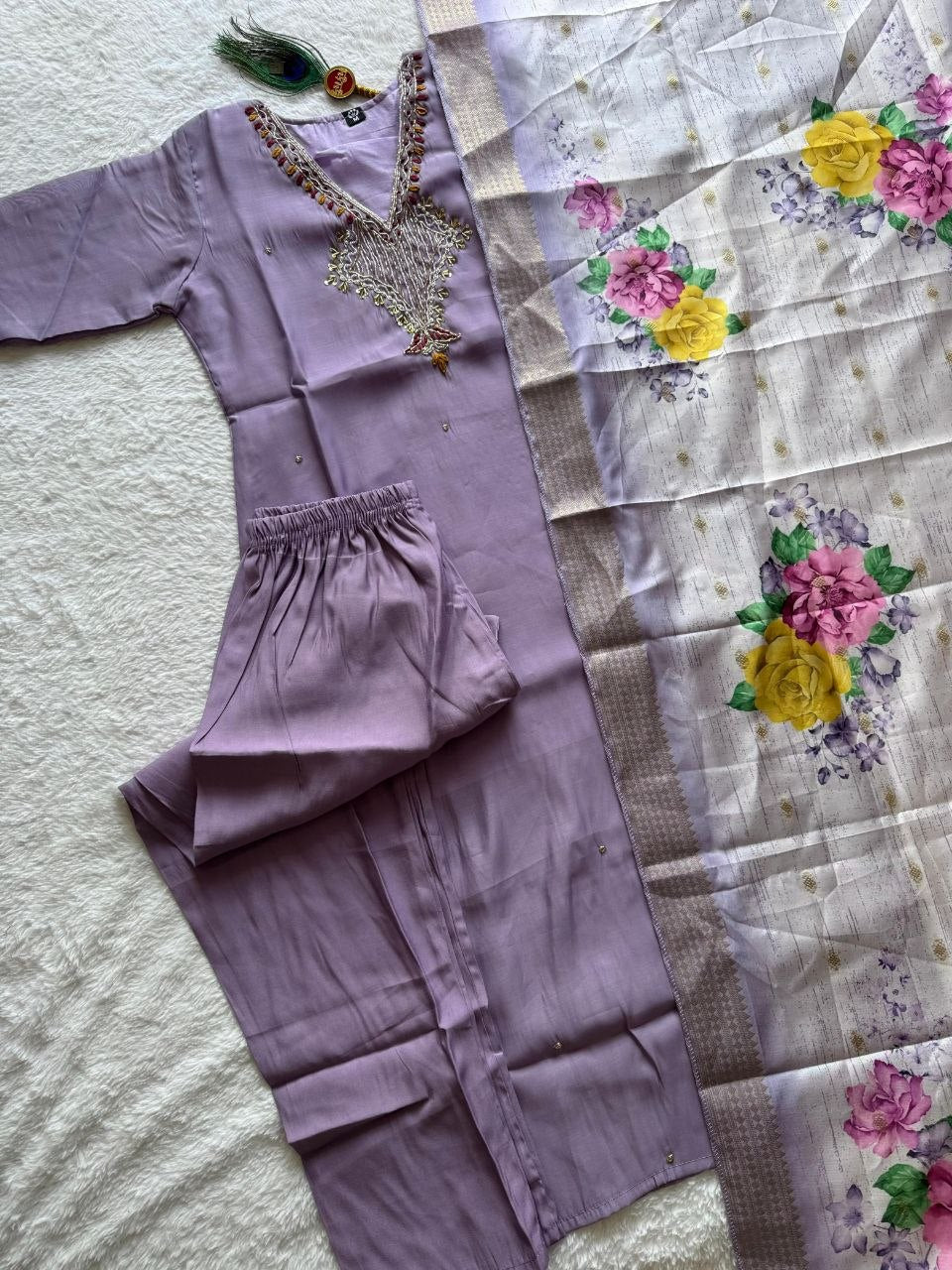 Premium Mul Chanderi Kurti With Duppata And Pant Set