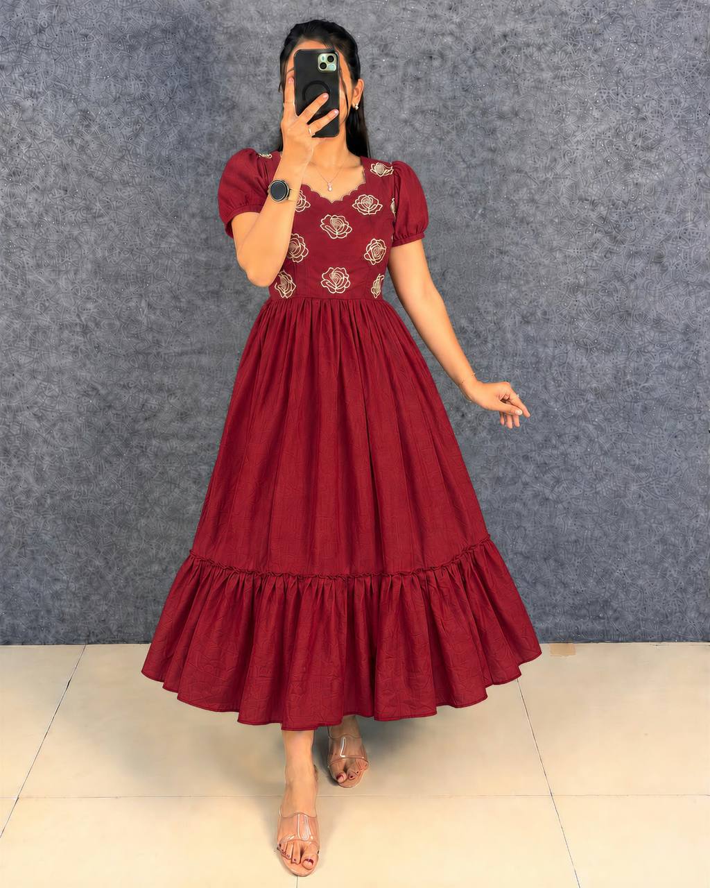Multi-Color Designer Embroidery Blooming Vichitra Silk Flared Maxi Gown