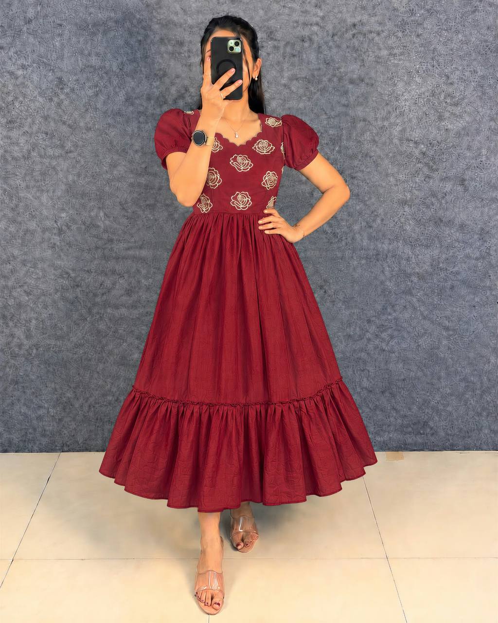 Multi-Color Designer Embroidery Blooming Vichitra Silk Flared Maxi Gown