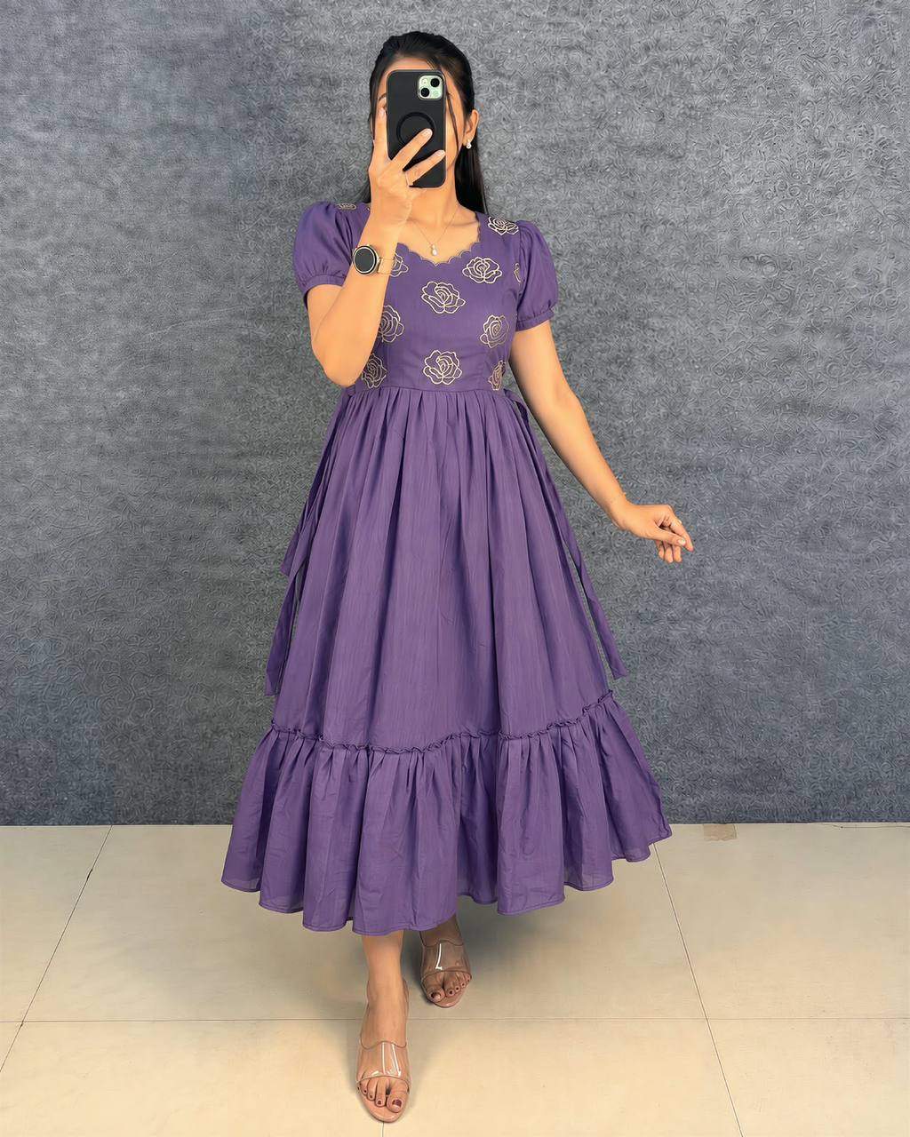 Multi-Color Designer Embroidery Blooming Vichitra Silk Flared Maxi Gown