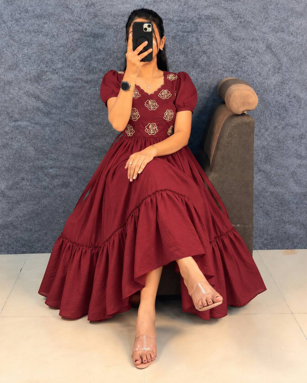Multi-Color Designer Embroidery Blooming Vichitra Silk Flared Maxi Gown