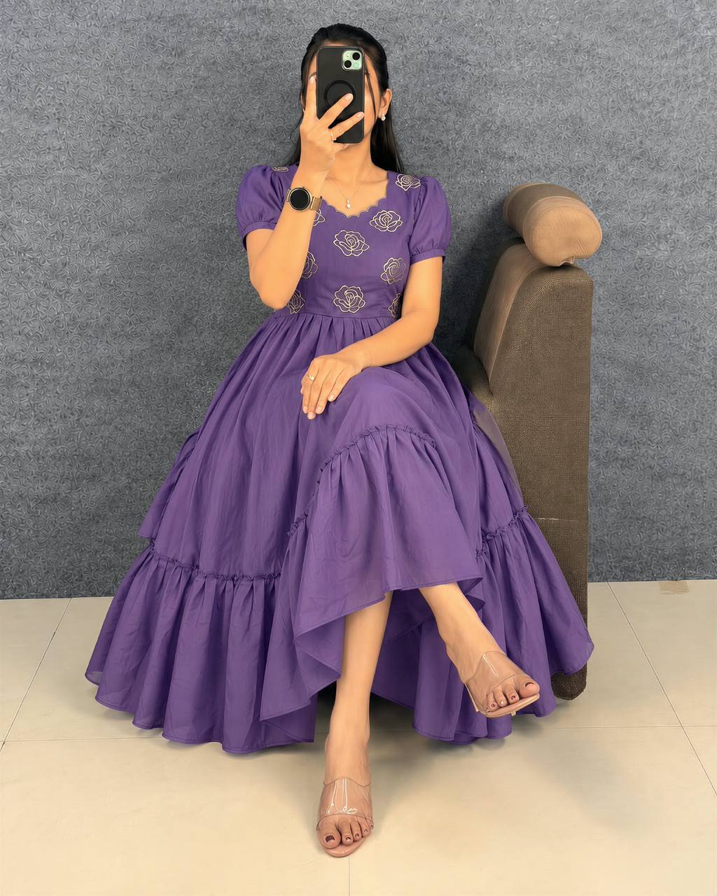 Multi-Color Designer Embroidery Blooming Vichitra Silk Flared Maxi Gown