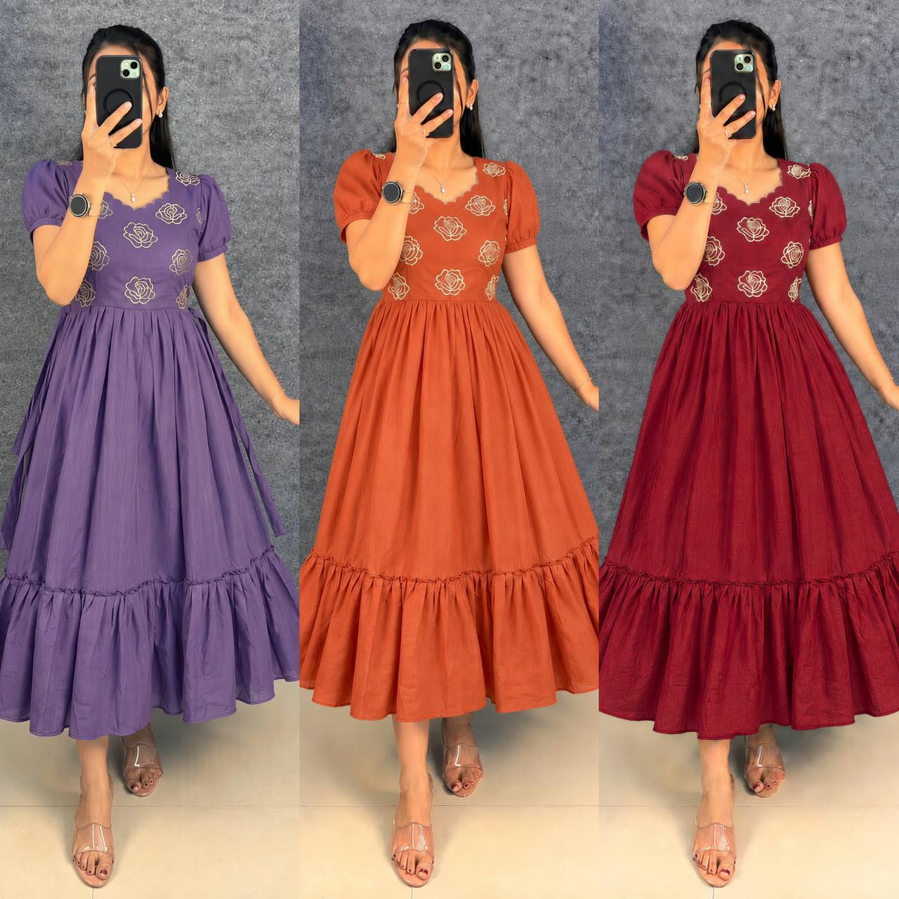 Multi-Color Designer Embroidery Blooming Vichitra Silk Flared Maxi Gown
