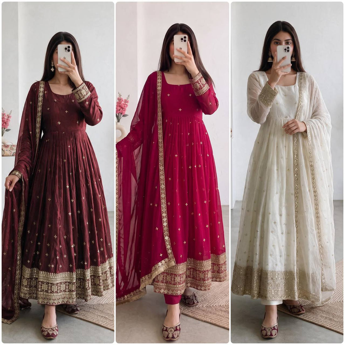 Heavy Fandy Silk Embroidery Sequins Work Gown Set with Dupatta & Pant