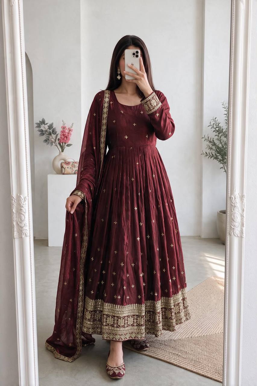 Heavy Fandy Silk Embroidery Sequins Work Gown Set with Dupatta & Pant