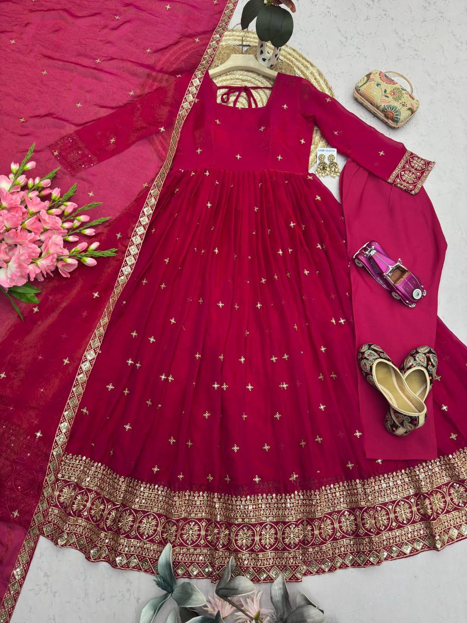 Heavy Fandy Silk Embroidery Sequins Work Gown Set with Dupatta & Pant