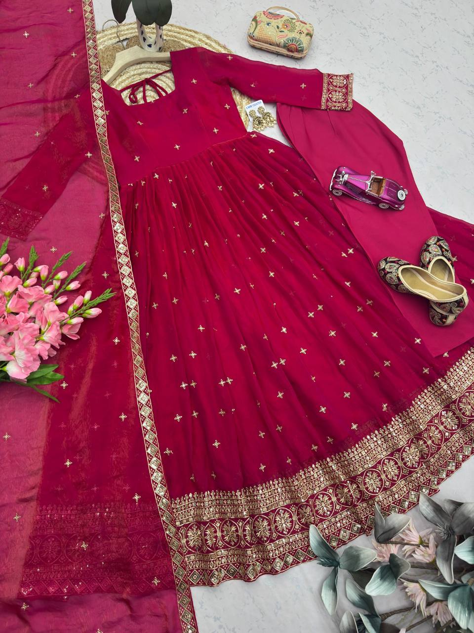 Heavy Fandy Silk Embroidery Sequins Work Gown Set with Dupatta & Pant