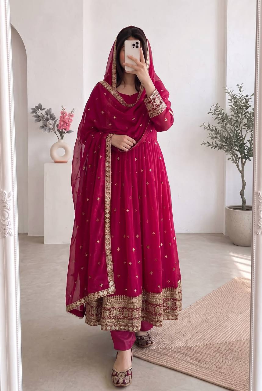 Heavy Fandy Silk Embroidery Sequins Work Gown Set with Dupatta & Pant