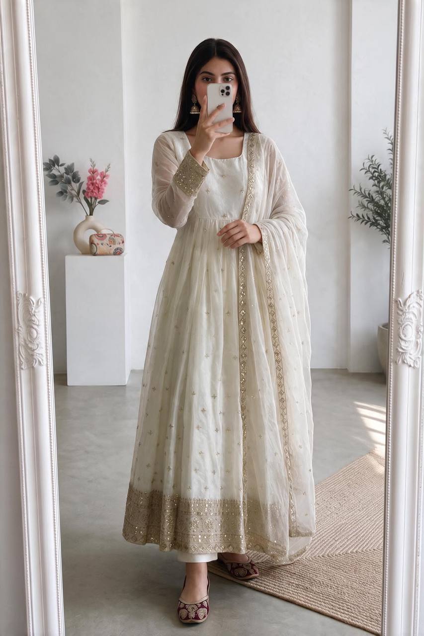Heavy Fandy Silk Embroidery Sequins Work Gown Set with Dupatta & Pant