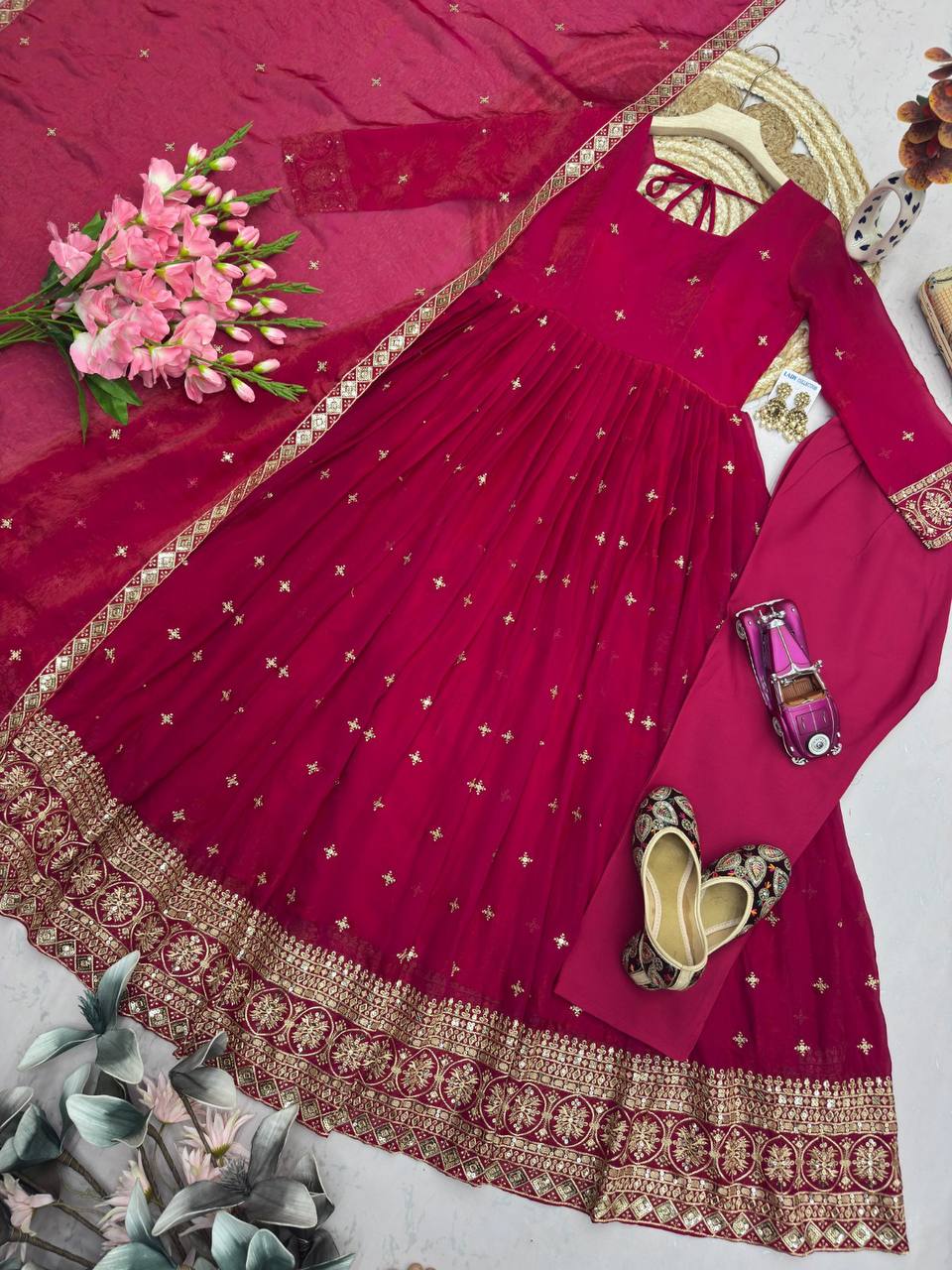 Heavy Fandy Silk Embroidery Sequins Work Gown Set with Dupatta & Pant