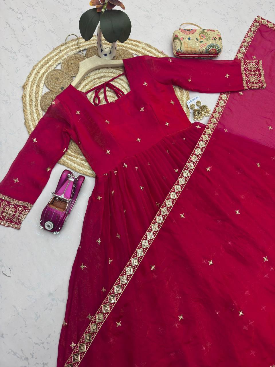 Heavy Fandy Silk Embroidery Sequins Work Gown Set with Dupatta & Pant