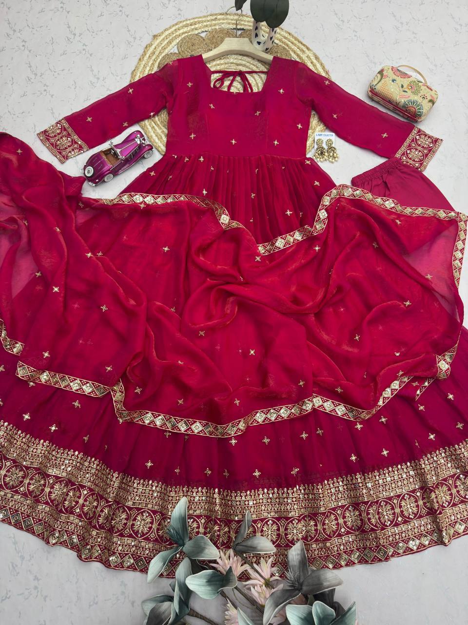Heavy Fandy Silk Embroidery Sequins Work Gown Set with Dupatta & Pant