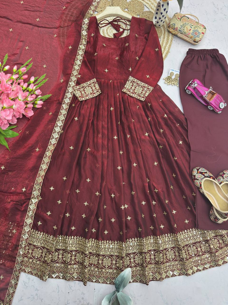Heavy Fandy Silk Embroidery Sequins Work Gown Set with Dupatta & Pant