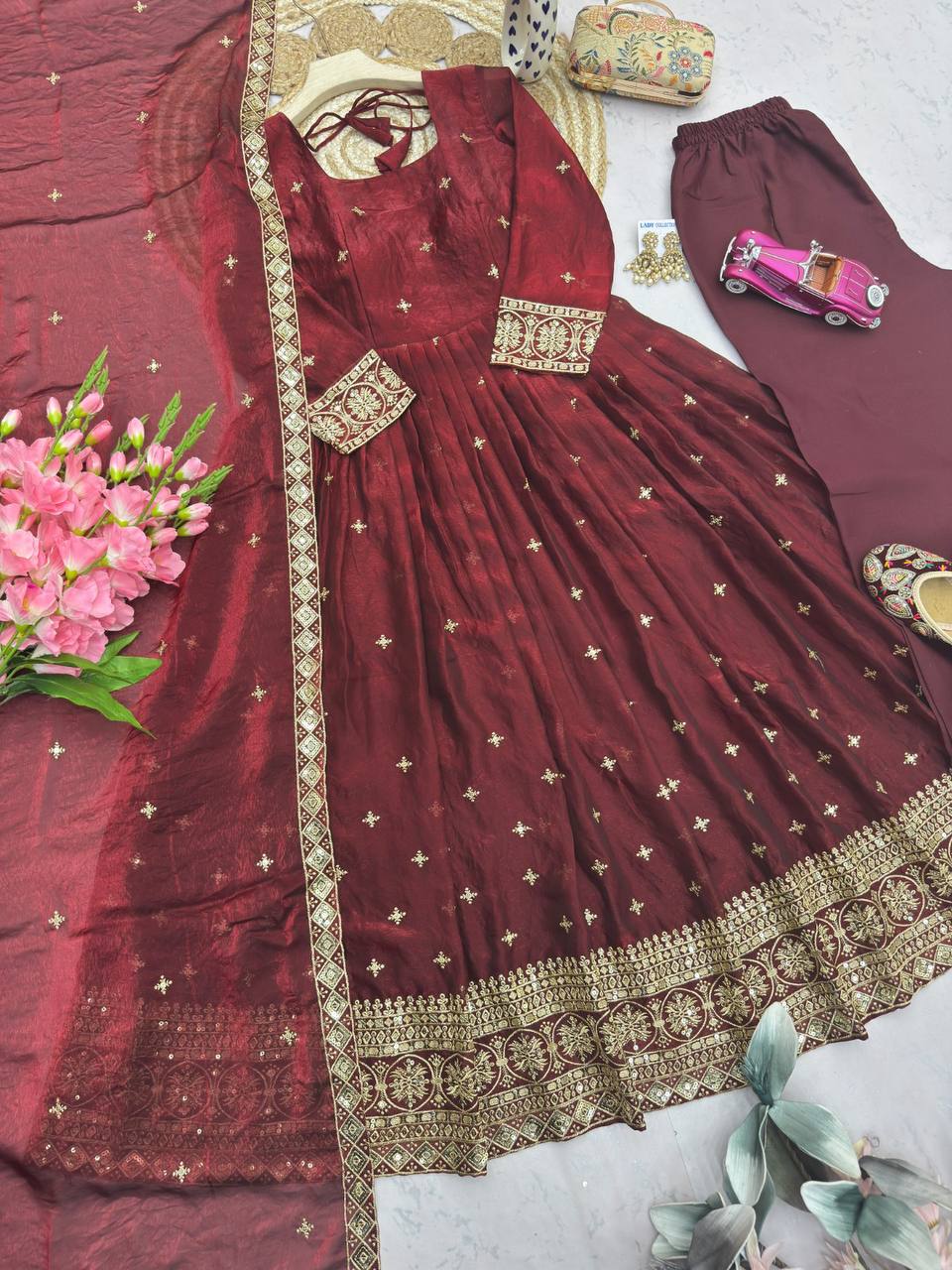 Heavy Fandy Silk Embroidery Sequins Work Gown Set with Dupatta & Pant