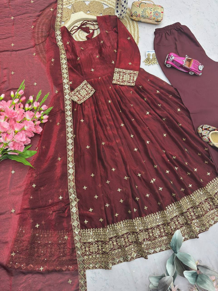 Heavy Fandy Silk Embroidery Sequins Work Gown Set with Dupatta & Pant