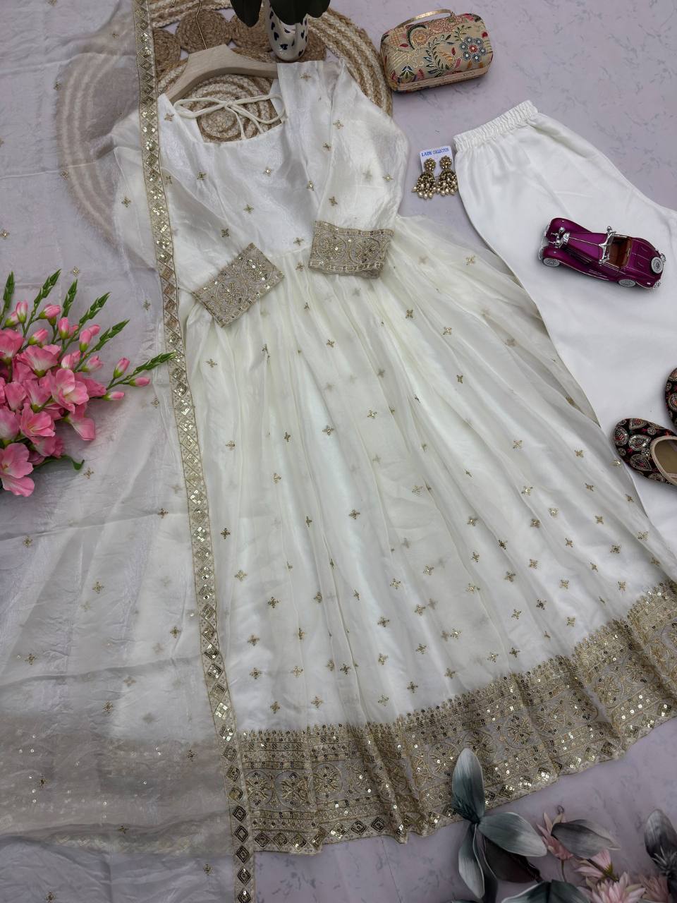 Heavy Fandy Silk Embroidery Sequins Work Gown Set with Dupatta & Pant