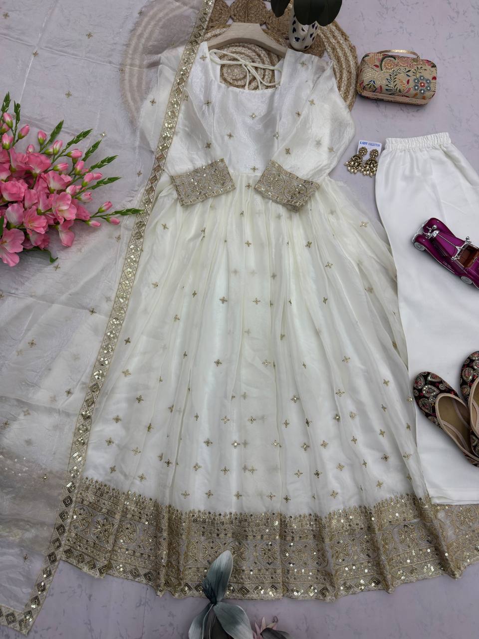 Heavy Fandy Silk Embroidery Sequins Work Gown Set with Dupatta & Pant