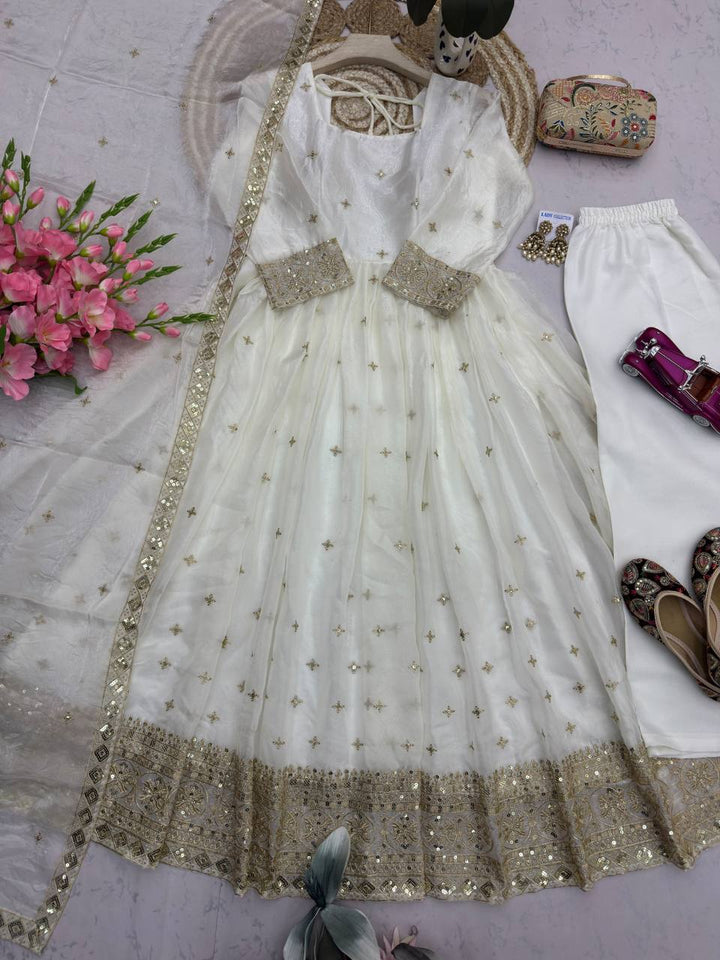 Heavy Fandy Silk Embroidery Sequins Work Gown Set with Dupatta & Pant