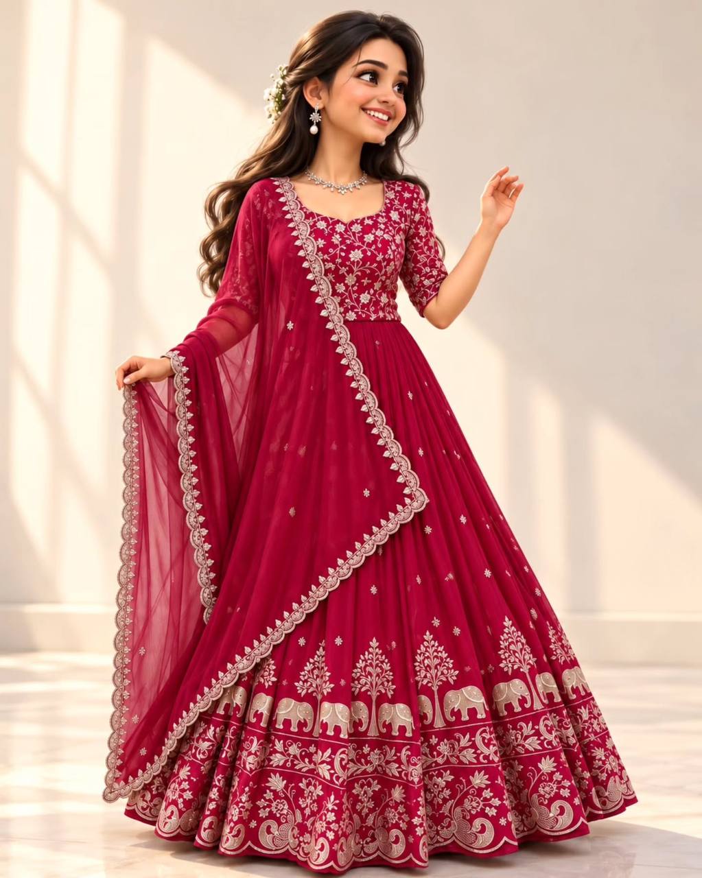 Fox Georgette Embroidery Thread Work Flared Gown Set with Dupatta