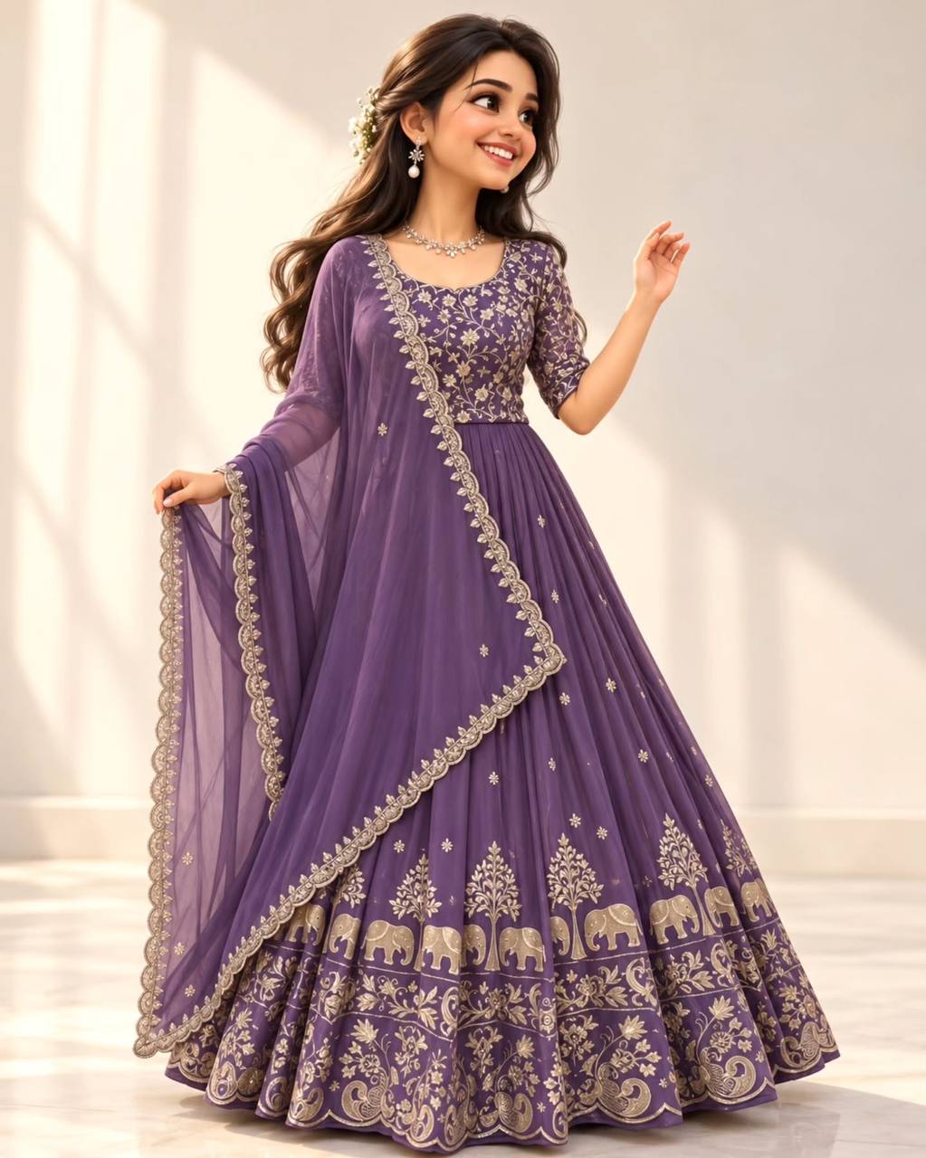 Fox Georgette Embroidery Thread Work Flared Gown Set with Dupatta