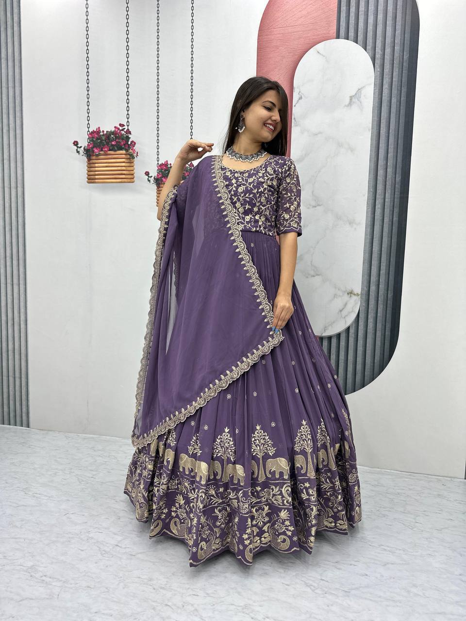 Fox Georgette Embroidery Thread Work Flared Gown Set with Dupatta