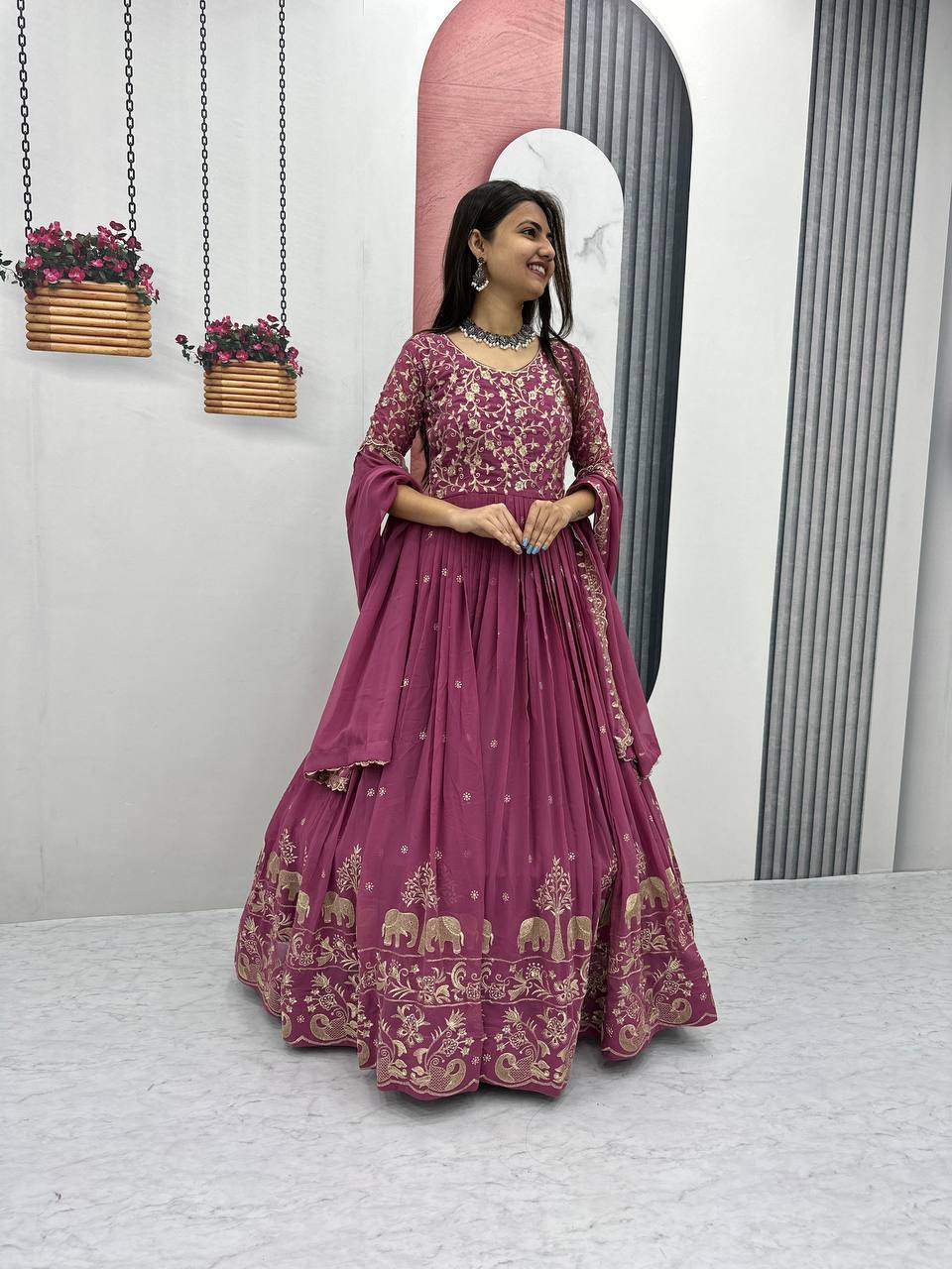 Fox Georgette Embroidery Thread Work Flared Gown Set with Dupatta
