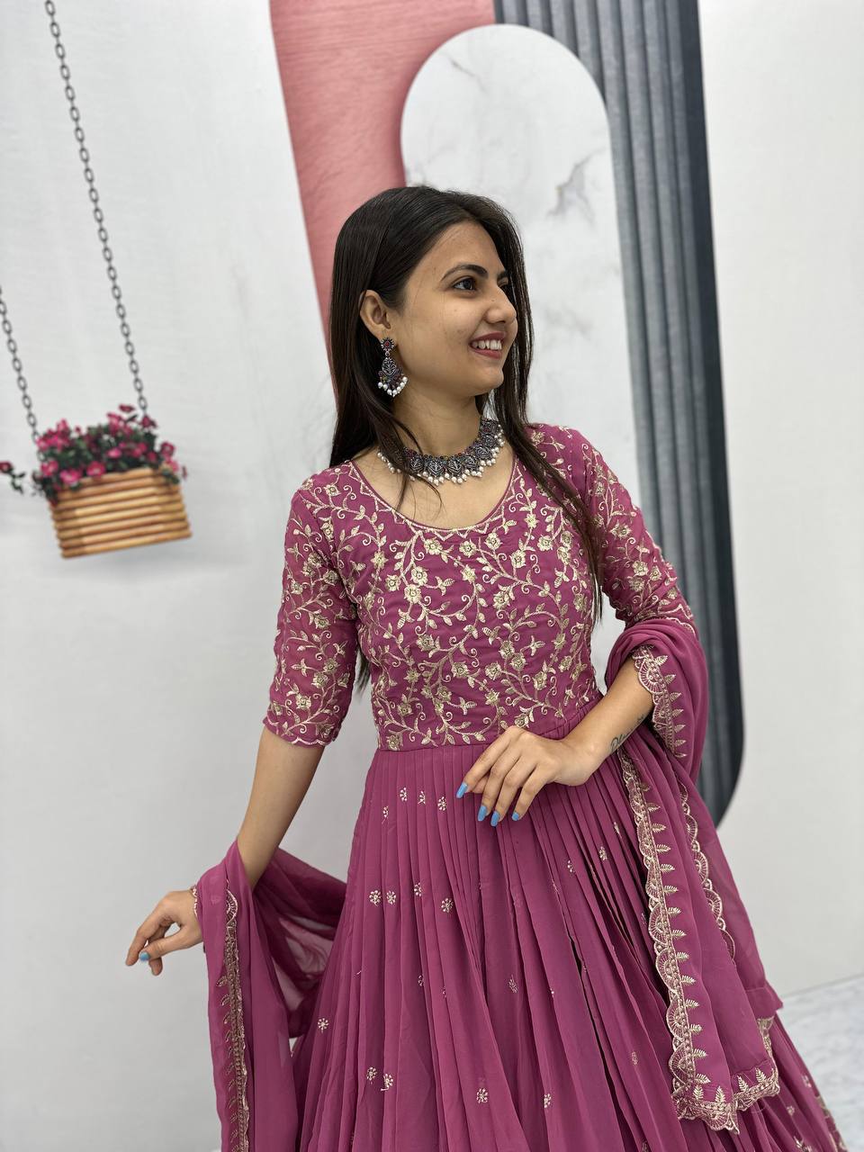 Fox Georgette Embroidery Thread Work Flared Gown Set with Dupatta