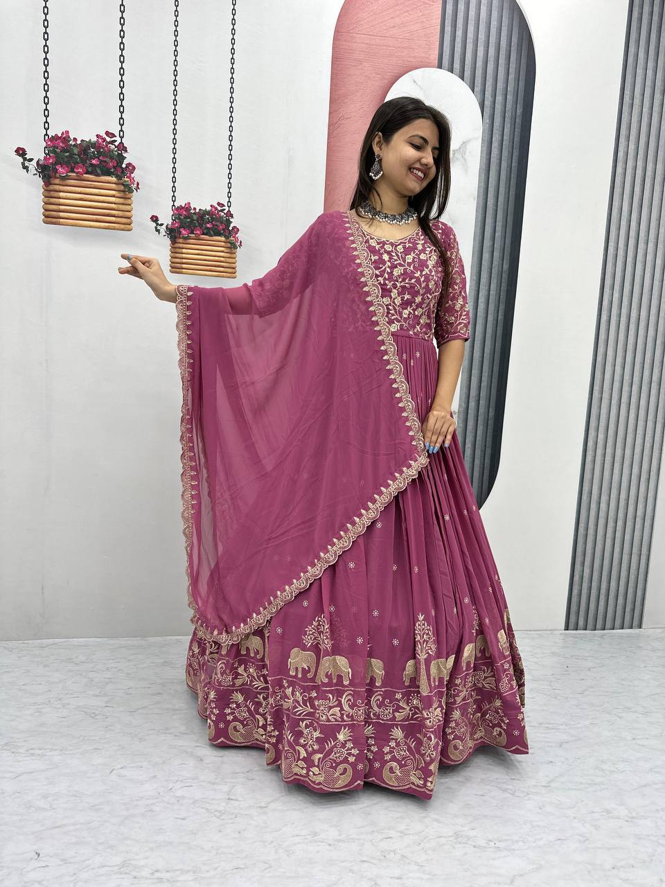 Fox Georgette Embroidery Thread Work Flared Gown Set with Dupatta