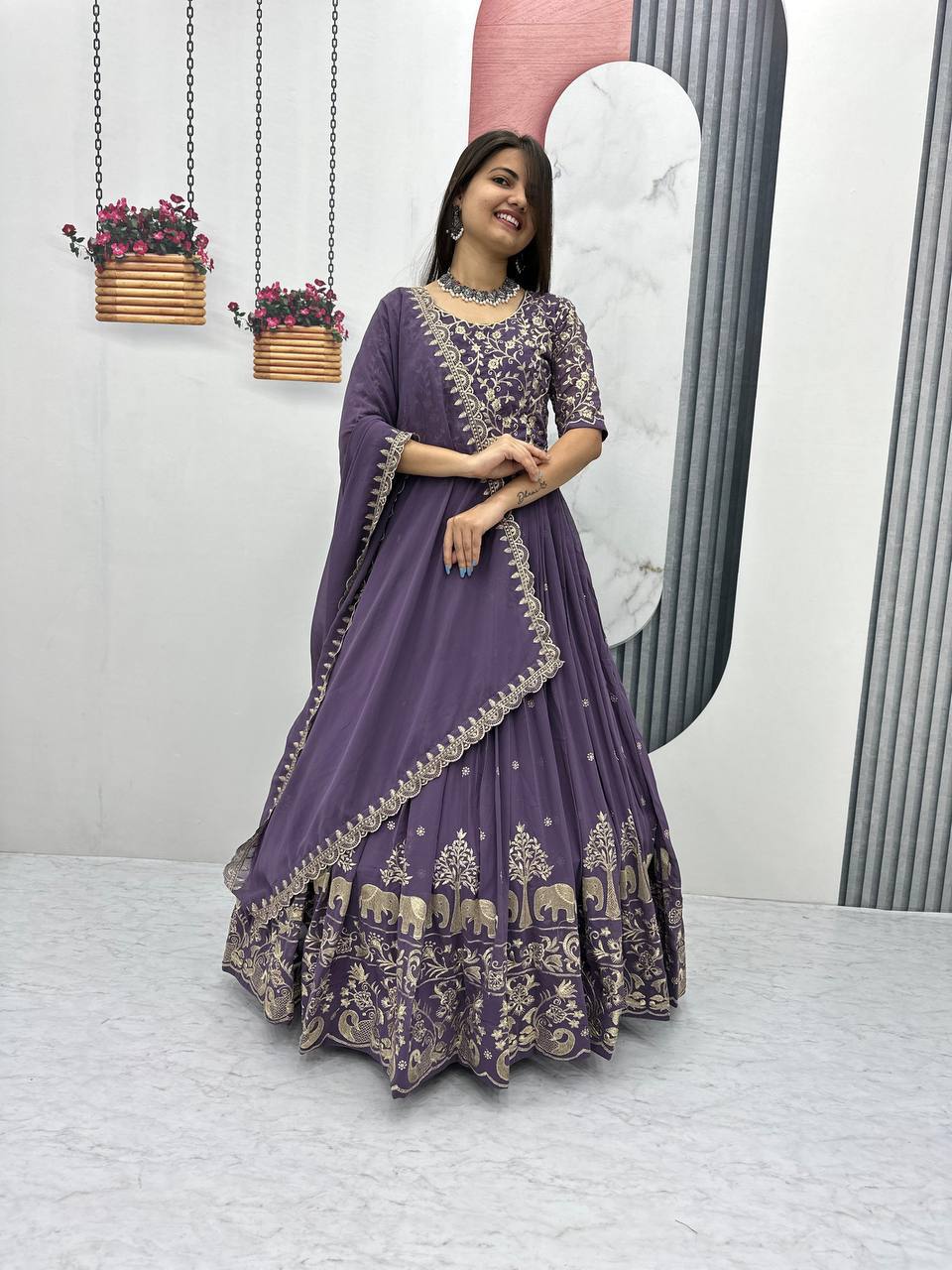Fox Georgette Embroidery Thread Work Flared Gown Set with Dupatta