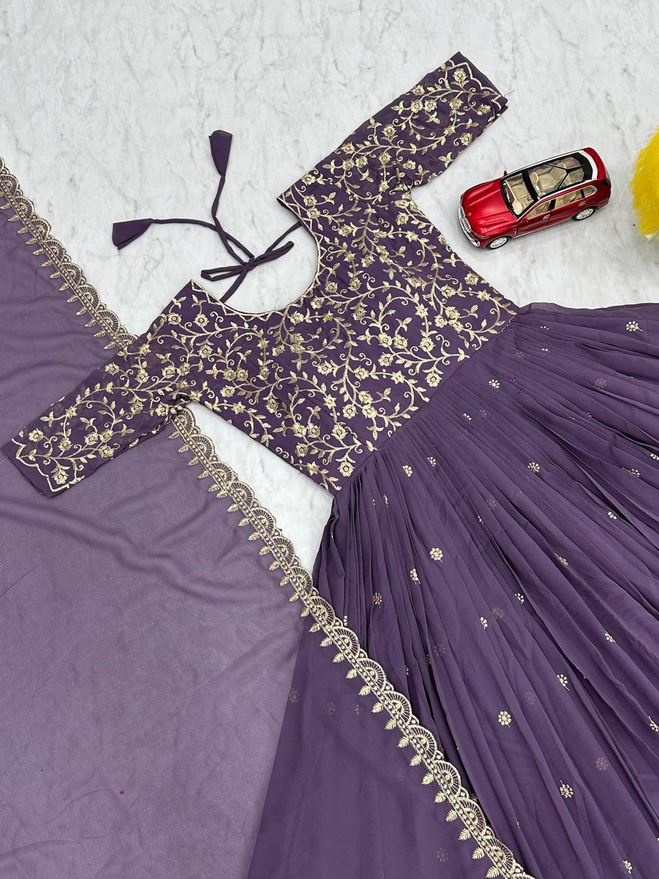 Fox Georgette Embroidery Thread Work Flared Gown Set with Dupatta