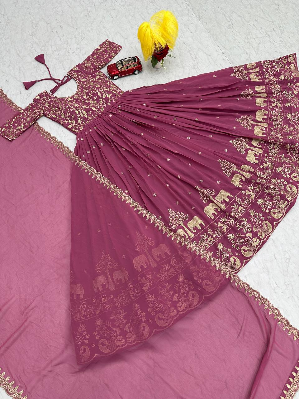 Fox Georgette Embroidery Thread Work Flared Gown Set with Dupatta