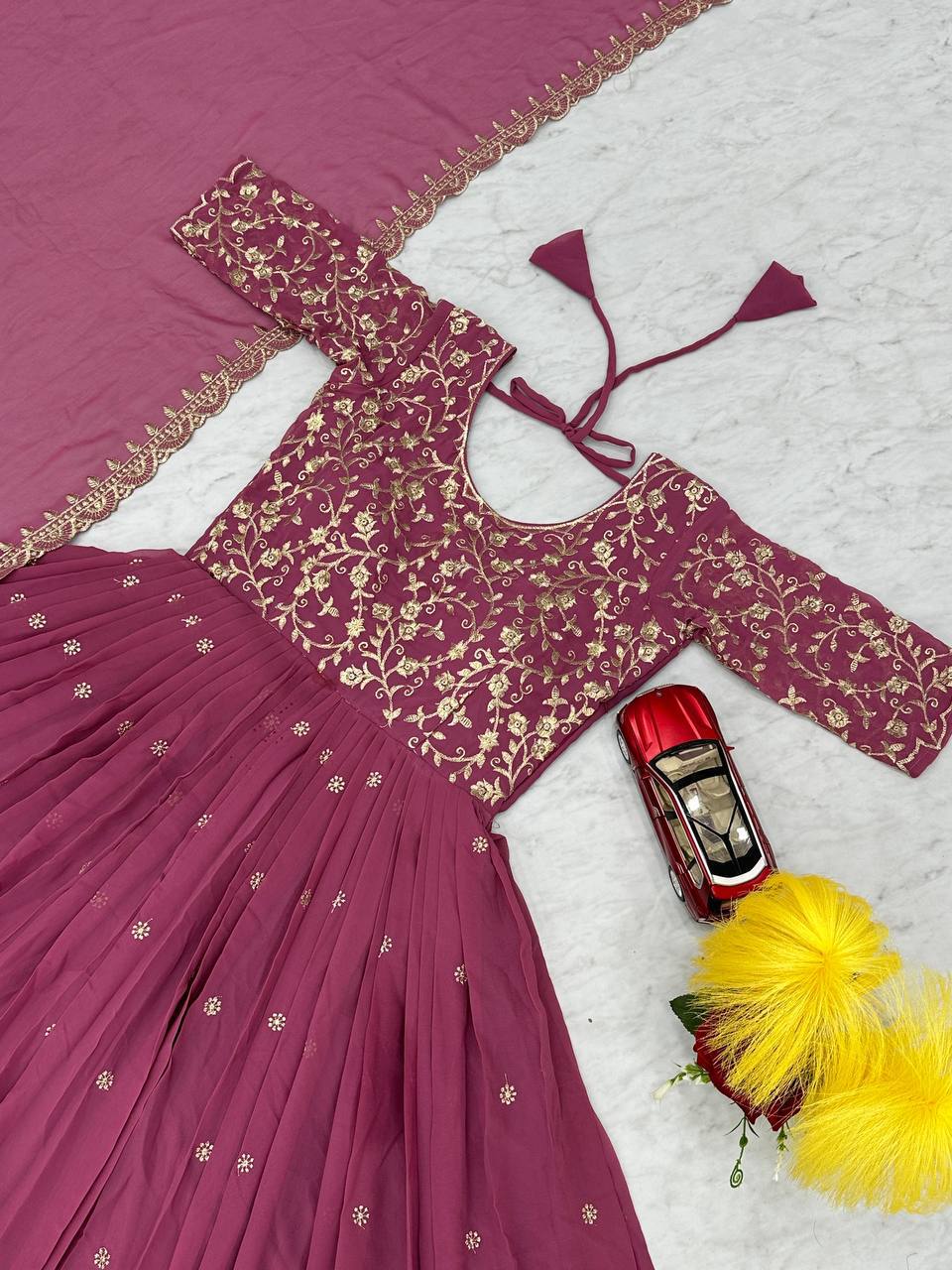 Fox Georgette Embroidery Thread Work Flared Gown Set with Dupatta