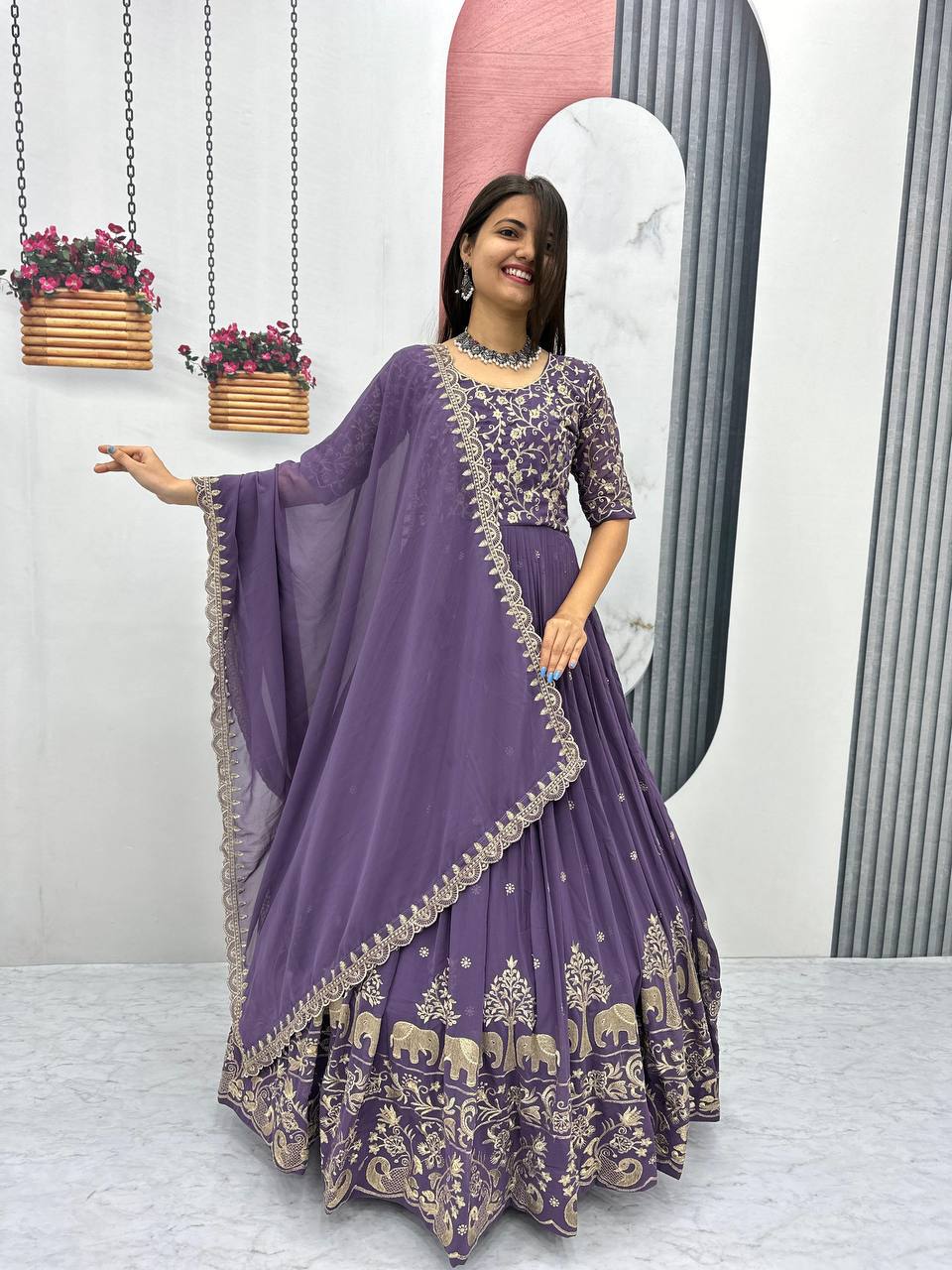 Fox Georgette Embroidery Thread Work Flared Gown Set with Dupatta