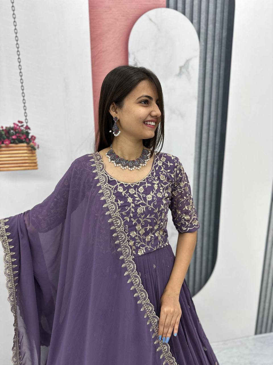 Fox Georgette Embroidery Thread Work Flared Gown Set with Dupatta