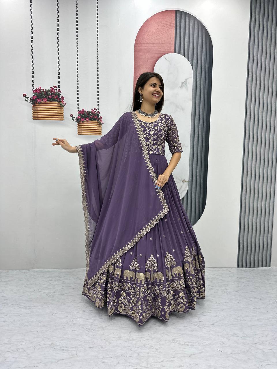 Fox Georgette Embroidery Thread Work Flared Gown Set with Dupatta