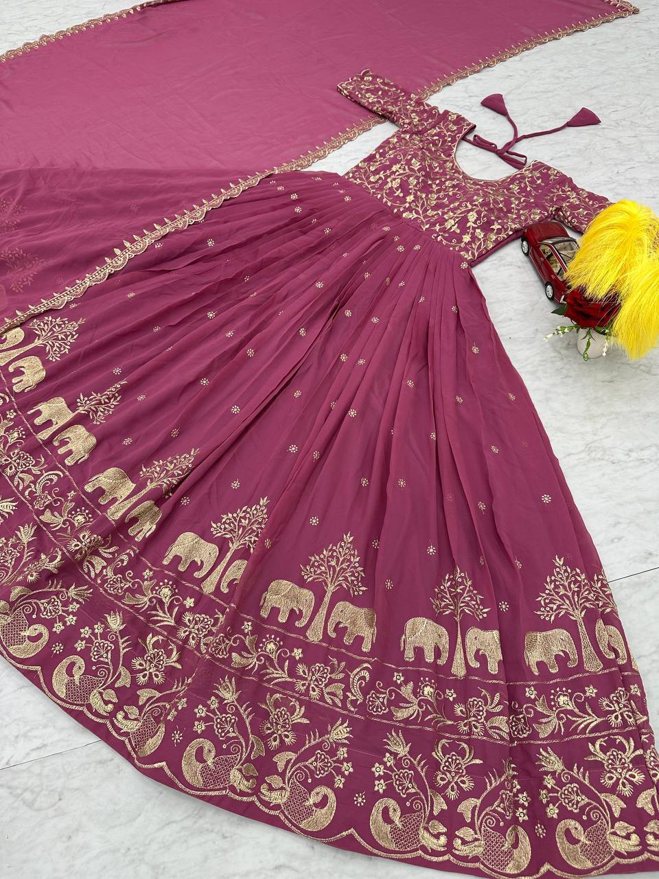 Fox Georgette Embroidery Thread Work Flared Gown Set with Dupatta