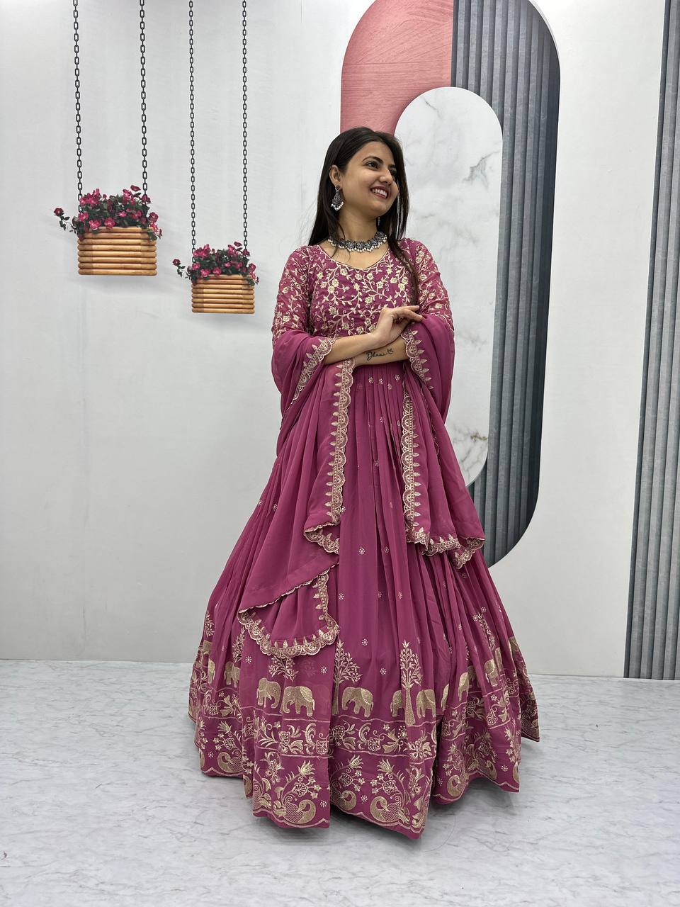 Fox Georgette Embroidery Thread Work Flared Gown Set with Dupatta