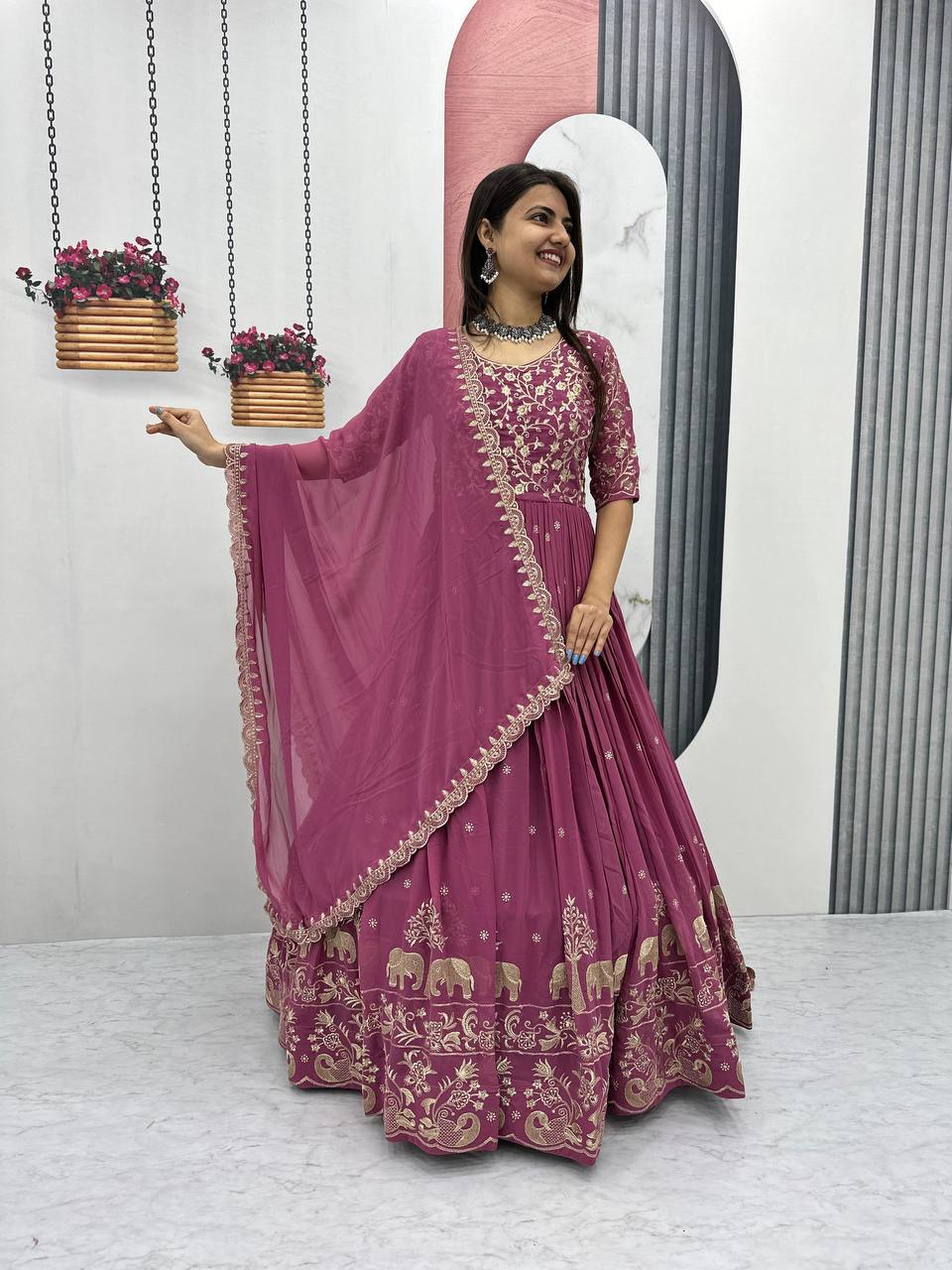 Fox Georgette Embroidery Thread Work Flared Gown Set with Dupatta