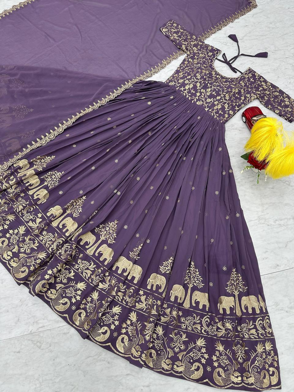 Fox Georgette Embroidery Thread Work Flared Gown Set with Dupatta